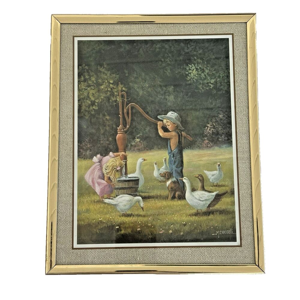 Geese Children at the Water Pump Brass Framed Art 8x10" M. Caroselli Farmhouse